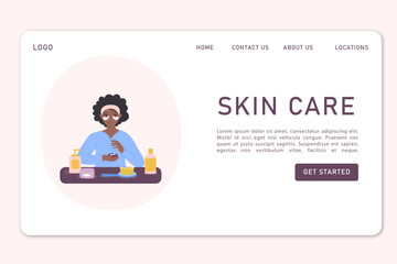 Web page illustration of black African American woman skin care. Routine, hygiene, cosmetics