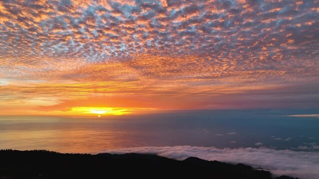 Aerial shot of the Roque de Los Muchachos on La Palma, Canary Island, Spain view at beautiful red sunset