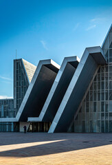Facade of the Zaragoza Conference Center (Palacio de Congresos). Futuristic architecture in...