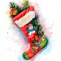 Festive Watercolor Christmas Stocking With Ornaments and Fir Branches