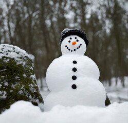 Realistic illustration of snowman outdoors, generative ai