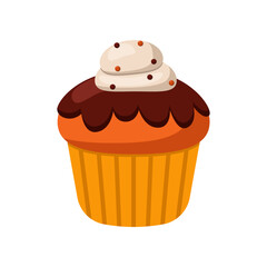 Homemade chocolate muffin cartoon illustration. Sweet fall and Halloween dessert isolated on white background. Food, beverage concept.