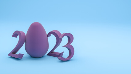 Fototapeta premium 3D illustration of an egg and numbers from purple fabric Happy New year 2023 background with copy space