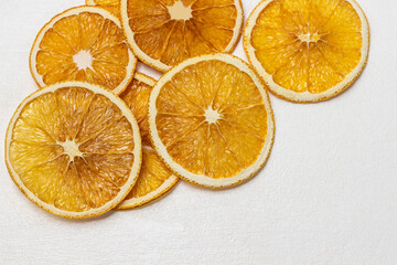 Dried orange slices. Copy space.
