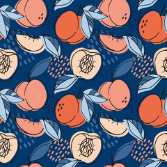 Seamless vector pattern on a blue background with juicy bright peaches and leaves. Doodle fruits. For wallpaper, wrapping paper, textile, postcards, web page background, interior decor, menu. 