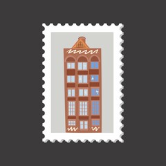 Amsterdam cozy and cute house postage stamp on a grey background.