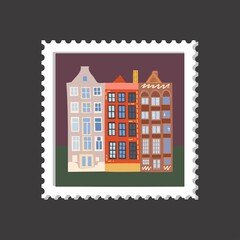 Amsterdam cozy and cute house postage stamp on a dark background.
