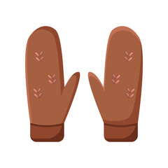 Brown mittens from wool vector illustration. Crochet, handmade woollen mittens on white background. Winter or autumn, clothes, accessories concept
