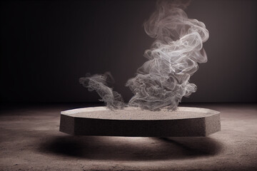 Gray textured concrete platform, podium or table with smoke on gray background