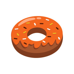 Tasty chocolate and pumpkin donut cartoon illustration. Sweet fall and Halloween dessert isolated on white background. Food, beverage concept.
