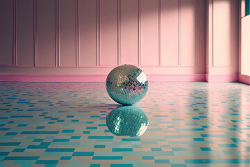 Pastel, rustic, minimal, pink blue room with a disco party silver ball. Interior alternative vintage design. 3d rendering, Generative AI.