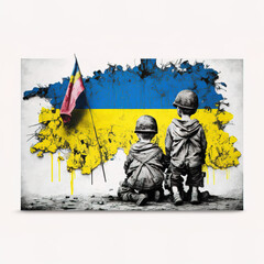 Small black and white illustration of children, direct and indirect victims of war. In front of the Ukrainian flag in the geographical shape of Ukraine. Generative AI.