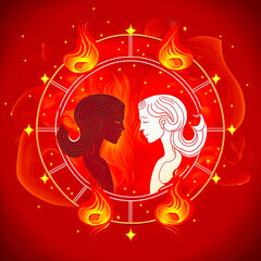 Fototapeta premium Fire and red flames surround the astrological sign of Gemini for a torrid energy. Symbolizes hell and passion in a hot graphic horoscope.
