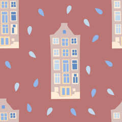 Architecture Amsterdam cozy and cute seamless pattern on a pink background.