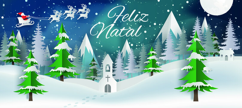 cartão ou banner de feliz natal em branco sobre um fundo azul com aurora boreal, flocos de neve, trenó do papai noel e uma colina de neve com abetos