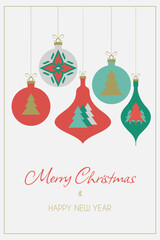 Christmas card with Christmas decorations in a minimalist style with seasonal wishes in a modern style. Template for postcards, invitations, congratulations, web, social networks, print..