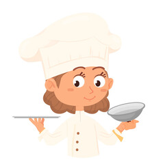 Kid chef holding serving tray with lid. Cooking mascot