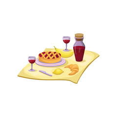 Food for summer picnic on yellow tablecloth cartoon illustration. Bottle of wine, pie, croissant serving on table cover. Meal concept