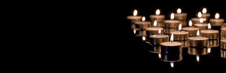 Several burning tea candles on reflective surface  of dark mirror.  Black background. There is a...