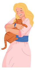 Woman embracing cat. Happy person cuddling with loving pet