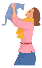 Person playing with pet. Happy woman holding cat