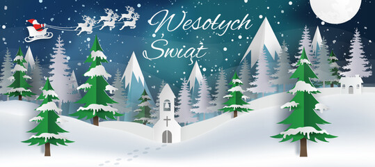 Karta lub baner na Wesołych Świąt w kolorze białym na niebieskim tle z zorzą polarną, płatkami śniegu, saniami Świętego Mikołaja i zaśnieżonym wzgórzem z jodłami