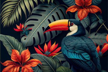 tropical pattern with jungle vegetation and exotic fauna in bright colors - obrazy, fototapety, plakaty