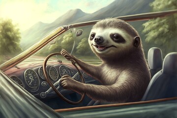Happy driving anthropomorphic sloth illustration 