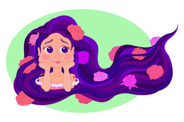 Cartoon image of a girl with purple hair with beautiful peonies flowers. Vector illustration of the image of spring in the image of a young girl