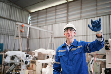 Robotics engineer operating robot aided CNC machine in robotics research facility