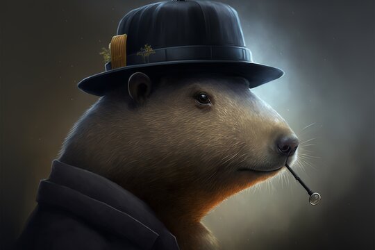 Gangster capybara in hat illustration