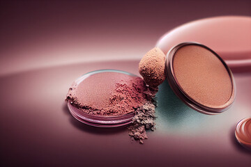 Cosmetics with cosmetic palette and space on blurred background.