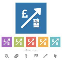 Rising oil energy english Pound prices flat white icons in square backgrounds