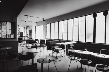 Bauhaus style restaurant interior in black and white illustration 