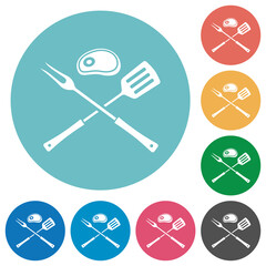 Barbecue fork and spatula with steak flat round icons