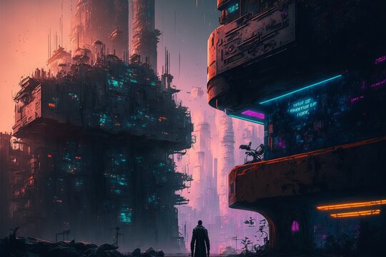 Postapocalyptic cyberpunk metropolitan with skyscrapers in neon lights 