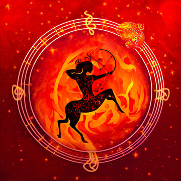 A symbol of strength and passion, the Viking Sagittarius is presented here in a flaming red circle of fire. An image rich in energy and emotion, perfect for graphic projects.