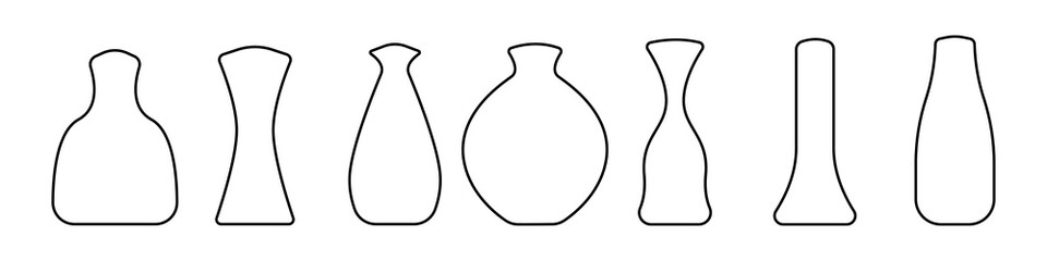 Vector set of vases of different shapes. Vases icons with red lines in flat style on white background vector. A set of stylish contours of vases. Outline vases vector.