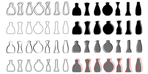 Vector set of vases of different shapes. Vases icons with red lines in flat style on white background vector. A set of stylish contours of vases. Outline vases vector.