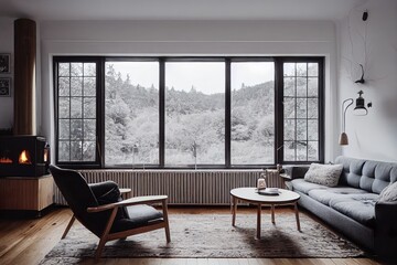 Cozy and warm Scandinavian style interior with big windows illustration 
