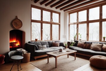 Scandinavian-style living room interior with wooden details 