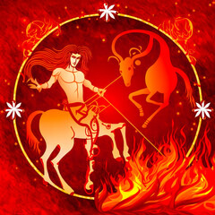 Sagittarius astrological sign encircled by fiery, red flames. Symbol of passion and energy, perfect for any horoscope needing to convey heat and emotion.