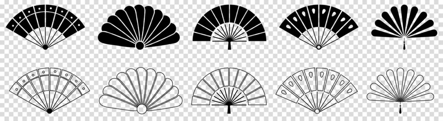 Collection of hand fan icons. Folding eastern accessory. Vector illustration isolated on transparent background