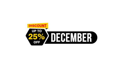 25 Percent december discount offer, clearance, promotion banner layout with sticker style.