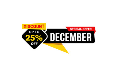 25 Percent december discount offer, clearance, promotion banner layout with sticker style.