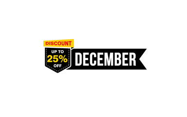 25 Percent december discount offer, clearance, promotion banner layout with sticker style.