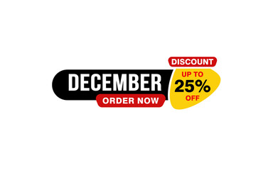 25 Percent december discount offer, clearance, promotion banner layout with sticker style.