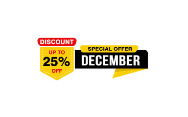 25 Percent december discount offer, clearance, promotion banner layout with sticker style.