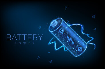 Abstract low poly battery charge from electric discharge or lightning, high voltage, long battery charge and energy, vector illustration.