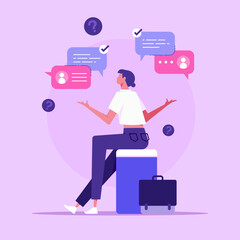 Woman surrounded by speech bubbles. Concept of verbal communication skills or abilities, business speaker, communicating through messages, flat vector illustration - obrazy, fototapety, plakaty
